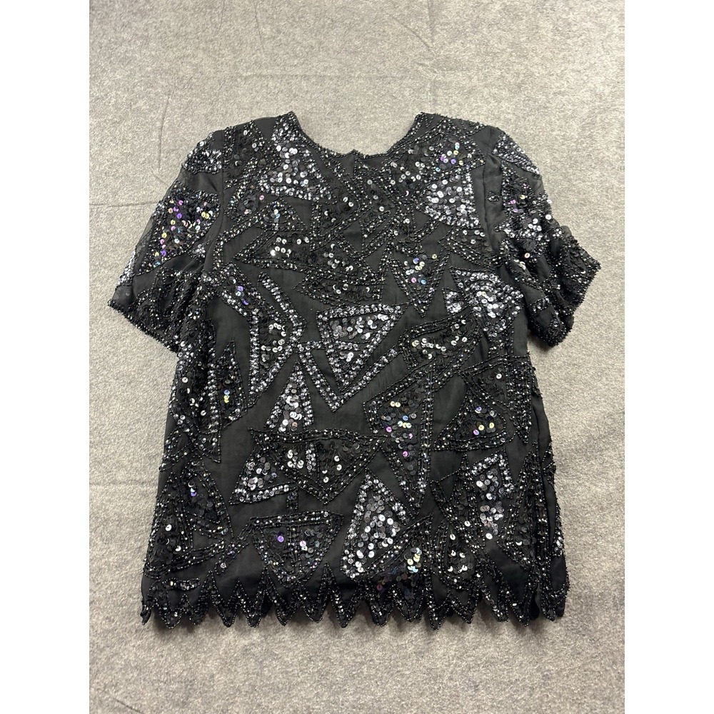 VTG 80s Silk Sequin Beaded Glam Blouse Art Sexy Old Money Styleworks Glitzy M